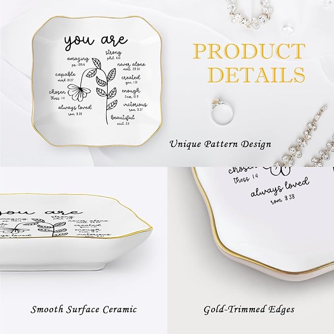 Christian Religious Bible Verse Gifts for Women, Ceramic Jewelry Dish Tray, Trinket Dish, Scripture Inspirational Motivational Gifts for Women Friend Sister Bestie