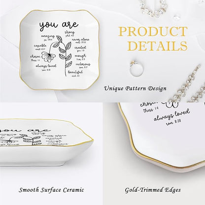 Christian Religious Bible Verse Gifts for Women, Ceramic Jewelry Dish Tray, Trinket Dish, Scripture Inspirational Motivational Gifts for Women Friend Sister Bestie
