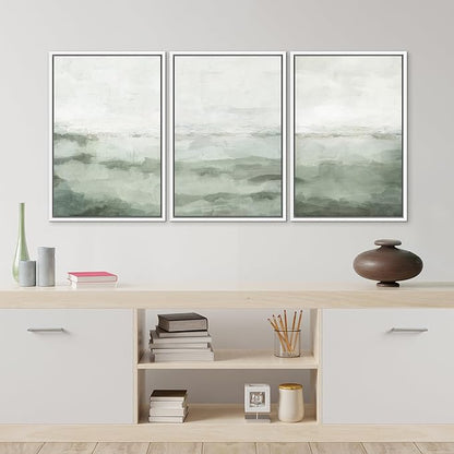 MUDECOR Framed Canvas Print Wall Art Sage Green Abstract Prints Minimalist Modern Wall Art Decor for Bedroom - 16"x24"x3 White