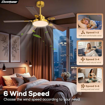 52 Inch Ceiling Fans with Lights and Remote for Bedroom Living Room Kitchen Office, Indoor/Outdoor Use, 5CCT Dimmable, 5 Blades, 6 Speed Reversible Quiet DC Motor, Gold/Wood Grain