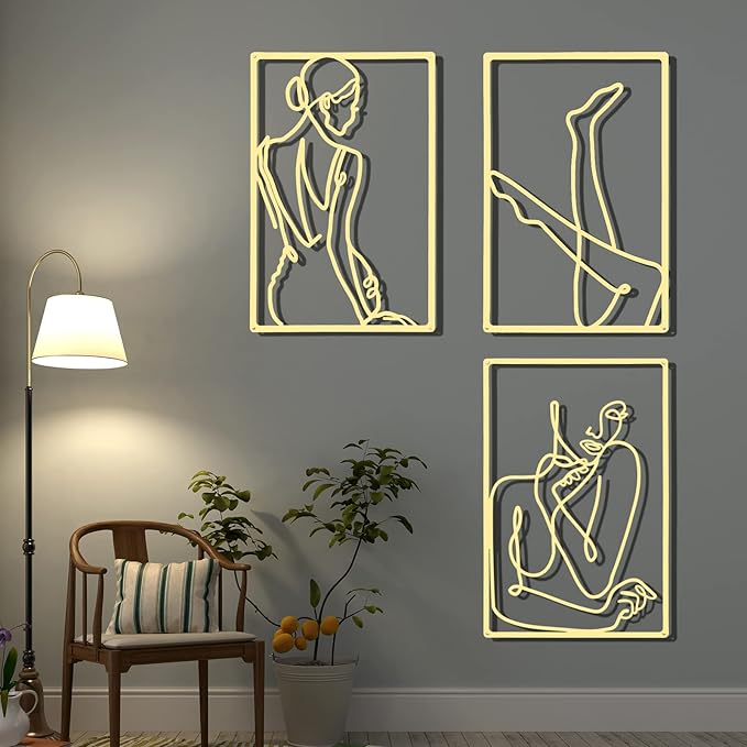 CHENGU 3 Pieces Gold Wall Decor Minimalist Wall Art Metal Line Wall Art Wall Decor for Bedroom Single Line Female for Kitchen Bathroom Living Room(Vivid Style)