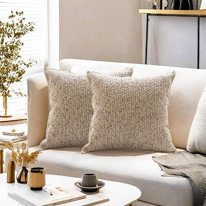 Emvency Beige Textured Boucle Throw Pillow Covers 18x18 Inches Set of 2, Boho Farmhouse Striped Chic Modern Art Square Decorative Couch Pillowcases for Home Decor Bedroom Sofa Living Room