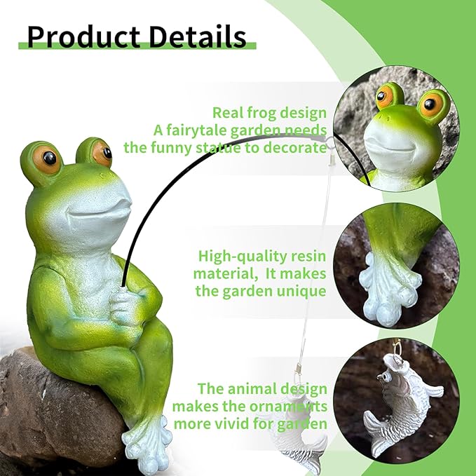 9.5" Frog Fishing Garden Sculptures & Statues, Stone Look Sculpture, Whimsical Lawn Yard Art, Funny Pond Fisherman Statue, Resin Animal Decorative Figurine, for Frog Fishing Lovers