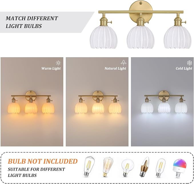 Bathroom Light Fixtures, 3-Light Brass Vanity Wall Light Over Mirror with White Tulip Glass Shade for Bedroom Living Room (Bulb Not Included)