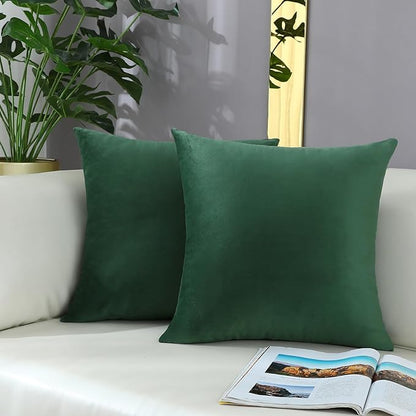 mixeoo Comfy Hunter Green Throw Pillow Covers Decorative Square Solid Thick Velvet Super Soft Cushion Cases Home Decor for Sofa Couch, Set of 2, 18 x 18 Inch