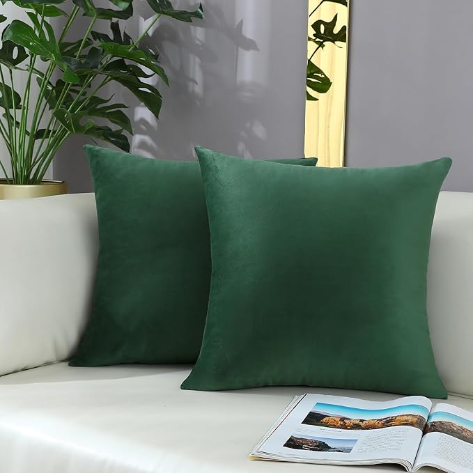 mixeoo Comfy Hunter Green Throw Pillow Covers Christmas Decorative Square Solid Velvet Super Soft Cushion Cases Home Decor for Sofa Couch Living Room, Set of 2, 16 x 16 Inch