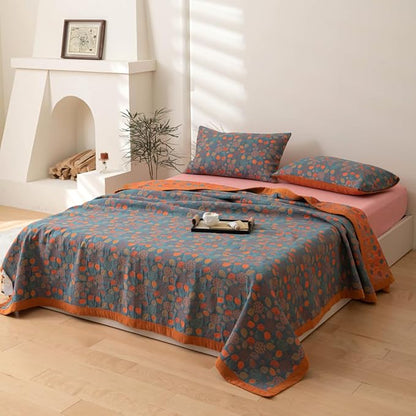 100% Cotton Jacquard Quilt Rustic Floral Leaves Print,Soft Muslin Bed Cover 3 Layers Reversible Bedspread Coverlet Breathable Lightweight Bedding,Full/Queen(78"x94"), No Pillow Sham