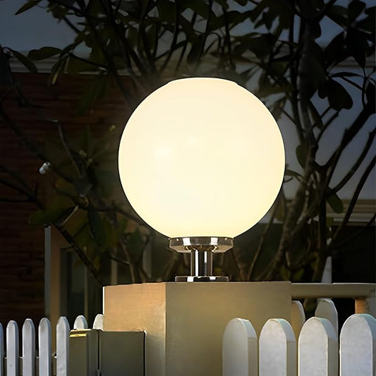 Solar Post Cap Lights Outdoor, 11.8" Fence Pedestal Globe Post Lamp, Stainless Steel IP65 Waterproof External Column Light, Vintage LED dimmable Pillar Lights for Farmhouse Lawn Road Driveway
