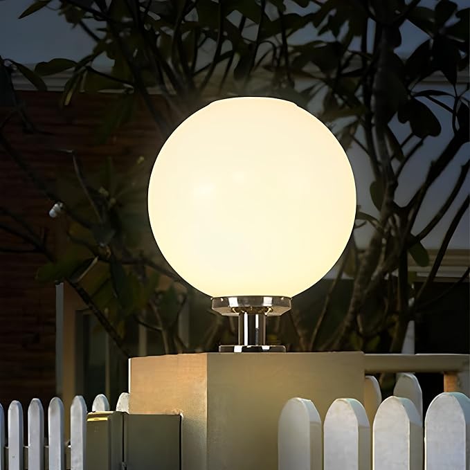 Solar Post Cap Lights, 15.7" Outdoor Fence Pedestal Globe Post Lamp Stainless Steel IP65 Waterproof External Column Lights, Vintage LED dimmable Pillar Lights for Farmhouse Lawn Road Driveway