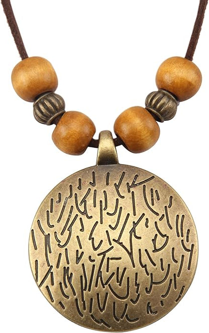 Leather Necklace for Women Boho Choker Necklace Long Cord Leather Pendant Bohemian Neckalce Vintage Alloy Pendant Leather Rope Necklace Wooden Necklaces for Women