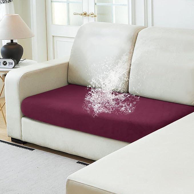 NAISI Waterproof Couch Cushion Covers Thick Velvet Fabric Washable Sofa Slipcovers 1 Piece Individual Sectional Couch Covers with Elastic Bottom(1 PC for 2-Seat Cushion or Loveseat,Burgundy)
