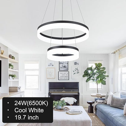 Buccleuch 2-Ring Modern LED Chandelier - Dimmable Black Round Pendant Light, Height Adjustable ETL-Certified Ceiling Light for Dining Room, Kitchen Island, Living Room, Bedroom, Foyer