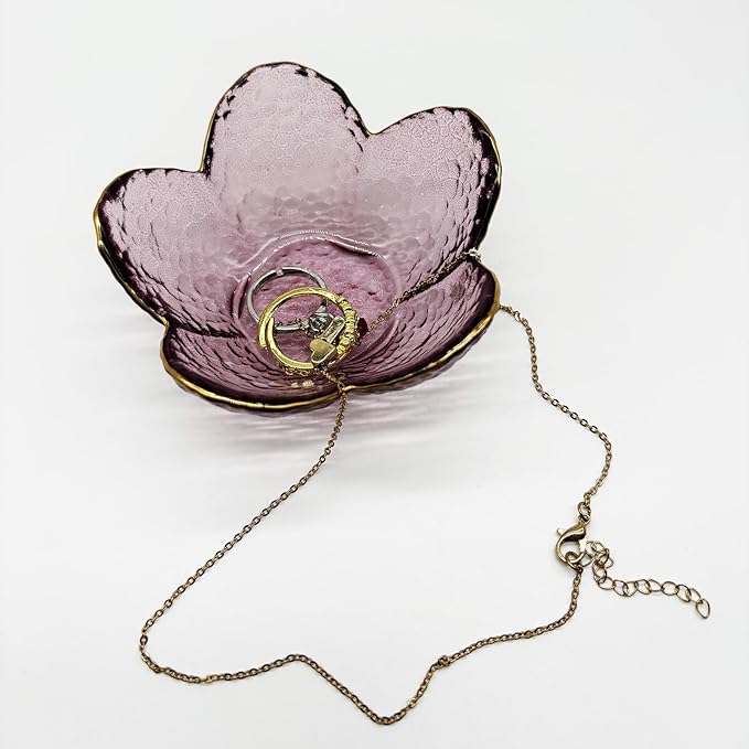 Purple Flower Ring Dish, Small Glass Jewelry Dish Tray, Ring Holder Jewlery Tray Trinket Dish, Bathroom Nightstand Decor Jewelry Bowl Christmas Friendship Birthday Gifts for Women, Soap Dish