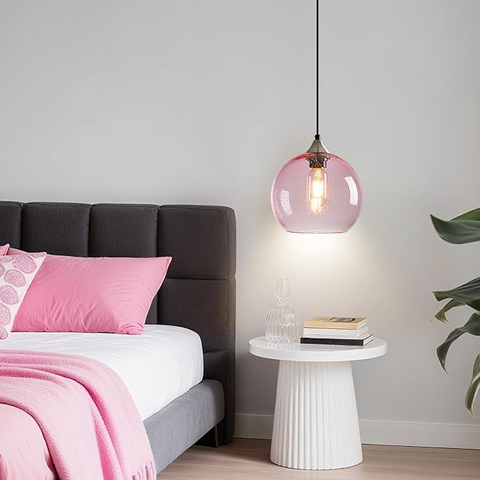 Pink Glass Pendant Lights Kitchen Island Lighting Globe Pendant Light Fixtures Modern Pendant Lighting for Bedroom Living Dining Room Light Fixture (7.87 in, 1 Pack)