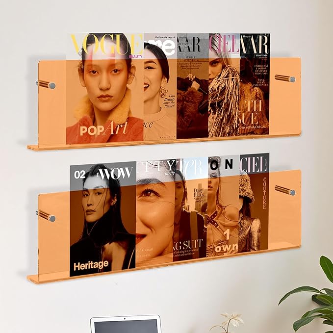 2 Pack Acrylic Magazine Holder, Wall Mounted Magazine Rack Floating Bookshelf for Waiting Room, Living Room, Office, Home (Orange, 24 Inch)