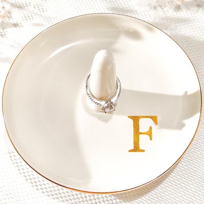 Ceramic Initials Jewelry Tray Ring Dish With Personalized F-Monogrammed Engagement Wedding Gifts, for Birthday Mother's Day for Women, Ceramic White 4.7" x2.4"