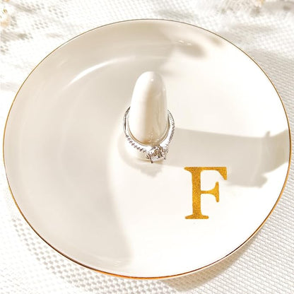 Ceramic Initials Jewelry Tray Ring Dish With Personalized F-Monogrammed Engagement Wedding Gifts, for Birthday Mother's Day for Women, Ceramic White 4.7" x2.4"