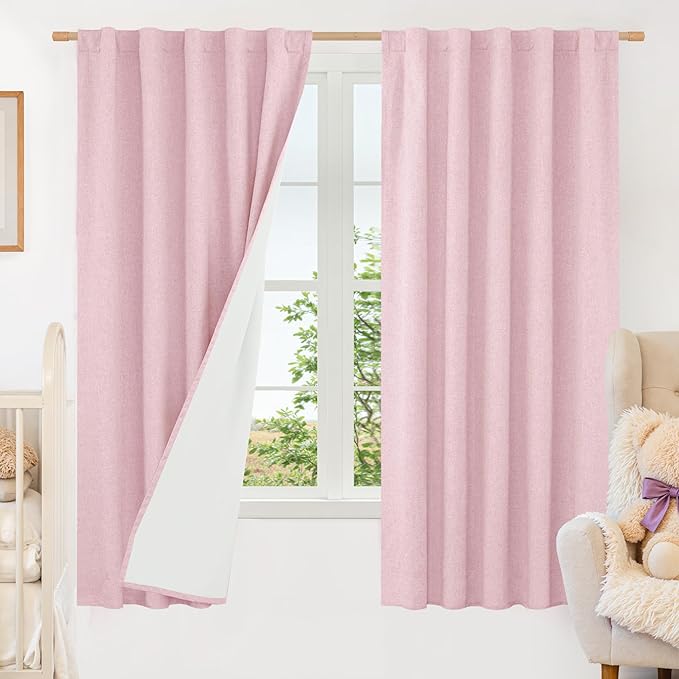 LAMIT Pink 100% Blackout Linen Curtains, 63 Inches Linen Textured Thermal Bedroom Curtains Back Tab and Rod Pocket Neutral Panels with White Liner for Farmhouse, 2 Panels, 38 x 63 Inch
