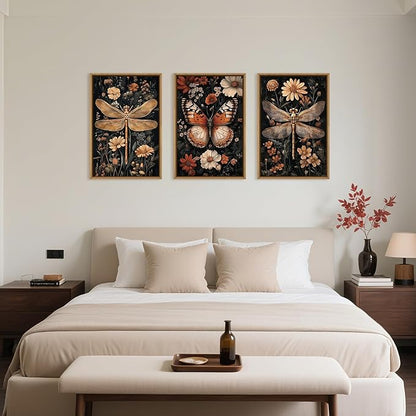 Large Vintage Butterfly and Dragonfly Wall Decor Framed Canvas Wall Art,Retro Dark Animal Floral Wall Decor, Moody Insect Wildflowers Botanical Artwork for Living Room,Bedroom,office-24 x36 x3