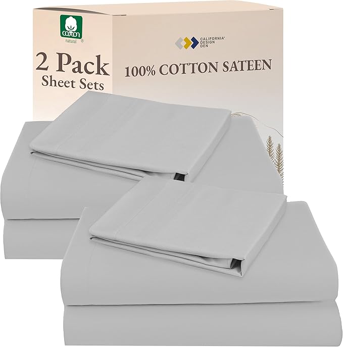 California Design Den 100% Cotton 2-Pack Twin Size Bed Sheets, Soft & Durable Twin Sheet Set Cotton with Deep Pockets, Twin Sheet Set with Sateen Sheets (Light Grey)