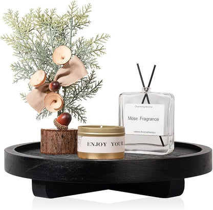 Round Decorative Tray Wood Bathroom Counter Organizer Farmhouse Kitchen Decor Wooden Riser for Soap Dish, Perfume, Candle, Sponge, 8" - Black