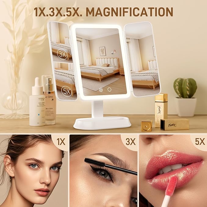 Vanity Mirror with Lights - Rechargeable Lighted Makeup Mirror | 1X/3X/5X Magnification, Smart Touch, 3 Colors Dimmable | Portable Trifold Mirror for Travel - Valentines Day Gifts for Her