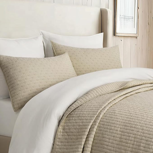 EVERGRACE Cross Stitch Pre-Washed Cotton Quilt Bedding Set Queen Size, Oversized 3 Pieces Lightweight Bedspread Coverlet for All Season, with 2 Matching Shams, Driftwood, 92"x96"