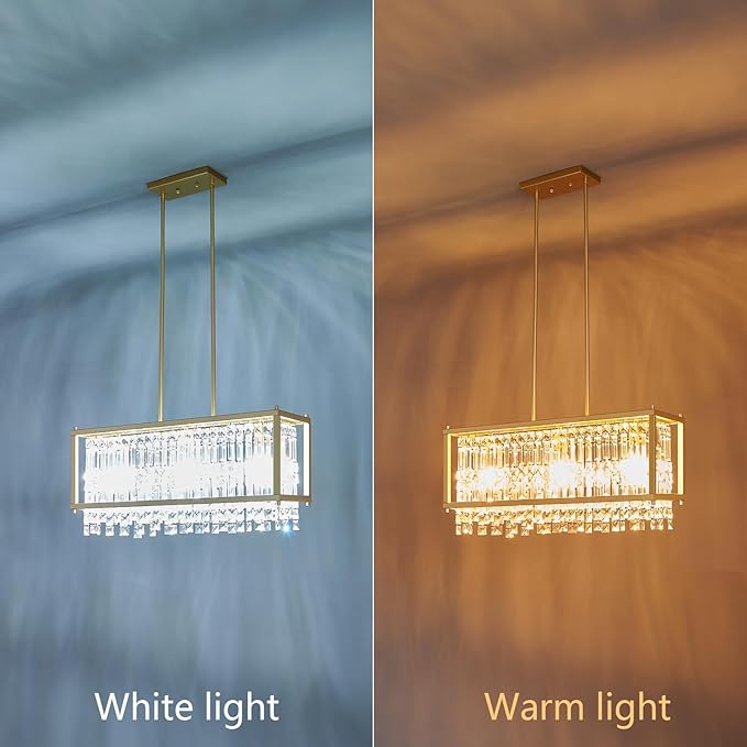 LMQNINE Modern Rectangle Chandelier for Dining Room, Gold Crystal Chandelier Linear Light Fixture, Farmhouse Chandeliers for Kitchen Island, Bar Table, L25.98'' x W9.84'' x H8.66''