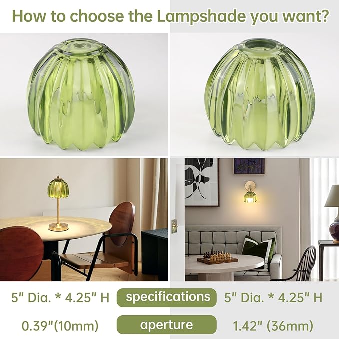 Tulip Lamp Shades Replacement, 5" Dia. * 4.25" H，0.394” Top Hole Green Glass Sconce Shade Heavy and Thick for Table Lamp, 2 Pack