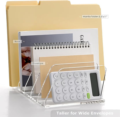SANRUI Acrylic Mail Organizer, Clear Desk Organizer with 5 Vertical Slots, Upright Binder Divide for Notebooks, Mails, Books, Office Supplies Small File Holder for Home Office School