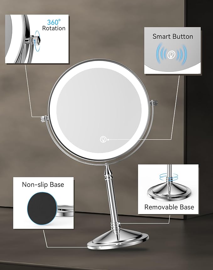 DOWRY 4000 mAh Rechargeable Lighted Makeup Mirror 20x Magnification Vanity Mirror Tabletop Two-Sided Swivel Gifts for Women Wife Mom Teengirls Chrome