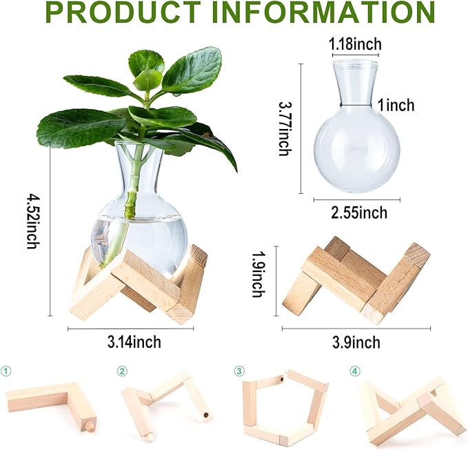 Propagation Stations, Propagation vases with Wooden Stand, Small Tabletop Glass Bulb Vases for Hydroponics Plant Propagation Station Home Office Decoration, Gift for Women Plant Lovers (4)