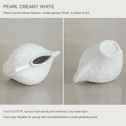 White Ceramic Vase, Modern Farmhouse Style for Table, Kitchen, Bookshelf, Entryway, Counter, Vanity Decor, Stone Textured Small Artistic Handmade Vase for Pampas Grass, Flowers