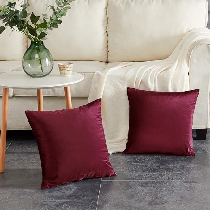 GIGIZAZA Velvet Pillow Covers 18x18: Pack of 2 Throw Pillows Soft Solid Covers - Burgundy Decorative Couch Small Cushion Covers Used for Chrismas Room Decor,Living Room,Bedroom,Sofa