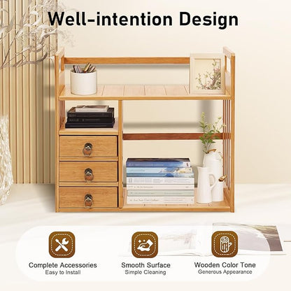 Bamboo Desk Book Shelf, Desktop Bookshelf Storage Rack with 3 Drawers, Tabletop Standing Organizer for Office, Bedroom, Dorm, Freestanding Bookcase – Wood Tone
