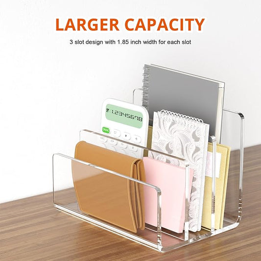 Richboom Acrylic File Sorter, 8.5"x6.3"x6.2", Upright File Organizer for Desk, Mail Organizer Countertop, File Holder for Letter, Document, Notebook, Clear, 3 Sections