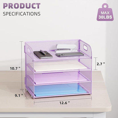 Marbrasse 2 Pack 4 Tier Paper Organizer Letter Tray - Mesh Desk File Organizer with Handle, Paper Sorter Organizer for Letter/A4 Office File Folder Holder (Purple, 12.6" x 9.1" x 10.7")