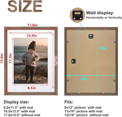 KINLINK 12x16 Picture Frame Brown Wood, Solid Wood Frames with Acrylic Plexiglass for Pictures 11x14/9x12 with Mat or 12x16 without Mat,Wall Display Photo Frame, Set of 4
