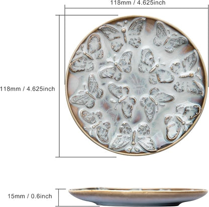Ceramic Jewelry Dish, Decorative Tray for Rings Earrings Necklaces Bracelet Watch Keys, 4.50" Trinket Tray as Gifts for Women (Reactive Butterflies)