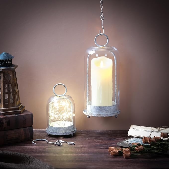 6" & 4" Wide Versatile Modern Metal Hurricane Lantern with Handmade Sturdy Glass Dome in Vintage White for Pillar Candle & Plants, Industrial, Farmhouse, Shabby Chic