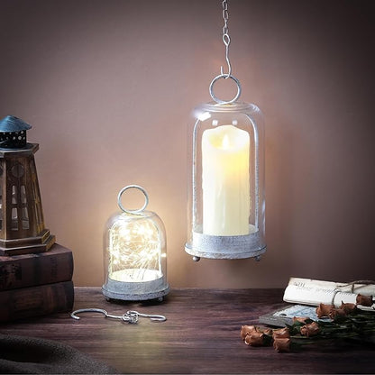 6" & 4" Wide Versatile Modern Metal Hurricane Lantern with Handmade Sturdy Glass Dome in Vintage White for Pillar Candle & Plants, Industrial, Farmhouse, Shabby Chic