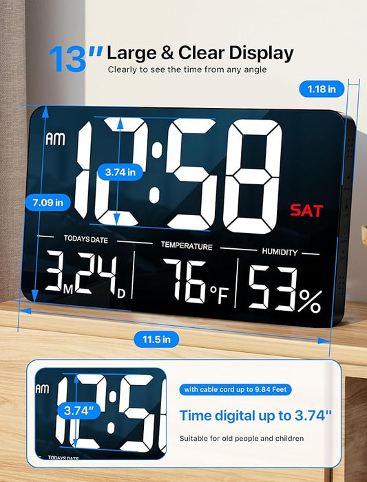 MASHI Digital Clock,13" Large Display Digital Wall Clock, Adjustable Brightness Calendar Clock with Day and Date,DST,Alarms,Humidity, Temperature for Desk, Wall Mounted, for Elderly