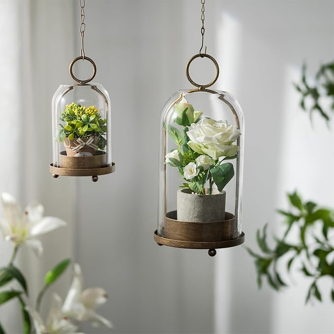 Sziqiqi Hurricane Candle Holder Lanterns: Pillar Candle Holders Set of 2 for Outdoor - Antique Brass Metal Candleholder with Glass Dome for Living Room Table Centerpiece