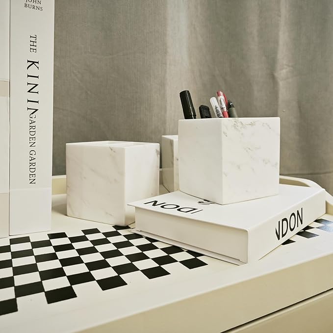 Marble Pen Holder, White Stone, Rectangular Desktop Organizer for Office Study (white 2 layer)