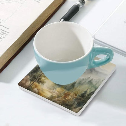 Forest Drink Coasters, Square Ceramic Drink Coaster Square-4PCS, Watercolor Mountain Forest Nature Tree Woodland Decor Absorbent Ceramic Coasters for Beverage Cup, Bar, Coffee Table