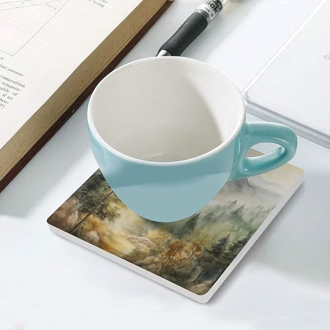 Forest Drink Coasters, Square Ceramic Drink Coaster Square-6PCS, Watercolor Mountain Forest Nature Tree Woodland Decor Absorbent Ceramic Coasters for Beverage Cup, Bar, Coffee Table