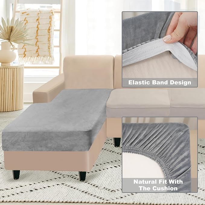 NAISI Sectional Couch Cover 1 Piece Velvet Separate Chaise Lounge Cover Soft Stretch Sofa Slipcovers for Left/Right Chaise Sectional Couch(Chaise Lounge,Light Grey)