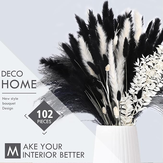 102PCS Black Pampas Grass Decor, Grey White Natural Dried Pampas Grass Bulk, Boho Home Decor Bouquet, Black and White Dried Flowers Decor, Wedding Floral Arrangements Table Vases Modern Decorations
