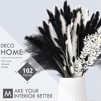 102PCS Black Pampas Grass Decor, Grey White Natural Dried Pampas Grass Bulk, Boho Home Decor Bouquet, Black and White Dried Flowers Decor, Wedding Floral Arrangements Table Vases Modern Decorations