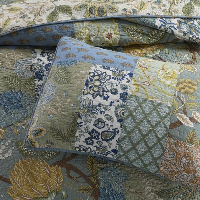 Cotton Bedspread Quilt Sets Reversible Bedding Coverlet Sets,3 Pieces Green Rustic Vintage Paisley Patchwork Bedspread, King Size